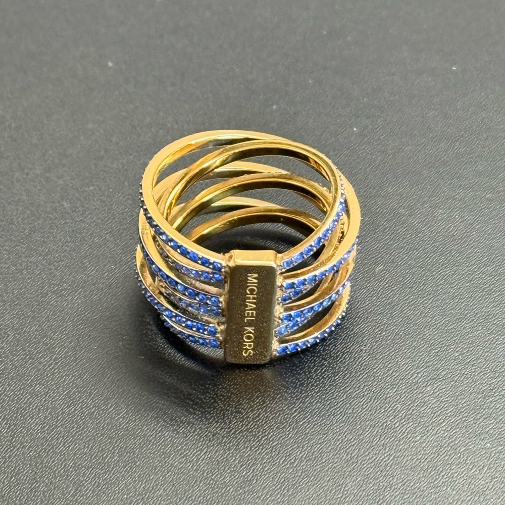 Michael Kors -Gold Tone, Blue Pave Glitz Criss Cross Ring Size 7 - Picture 4 of 8